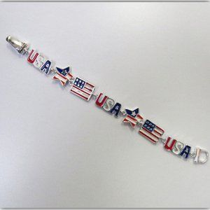 Silver Plated USA American Flag Patriotic Charm Bracelet W/ Magnetic Clasp